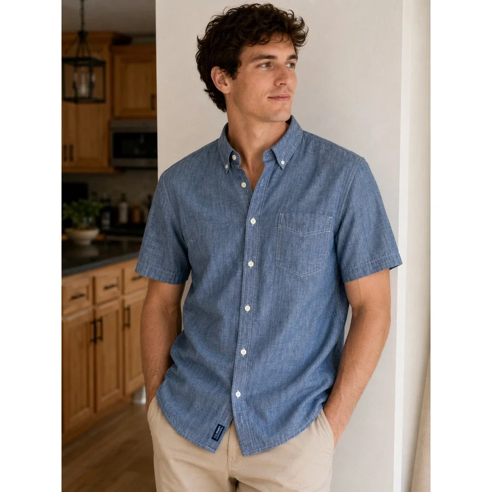 LL Bean Mens Comfort Stretch Chambray Shirt Indigo Blue XL 522578 NWT - Picture 1 of 5